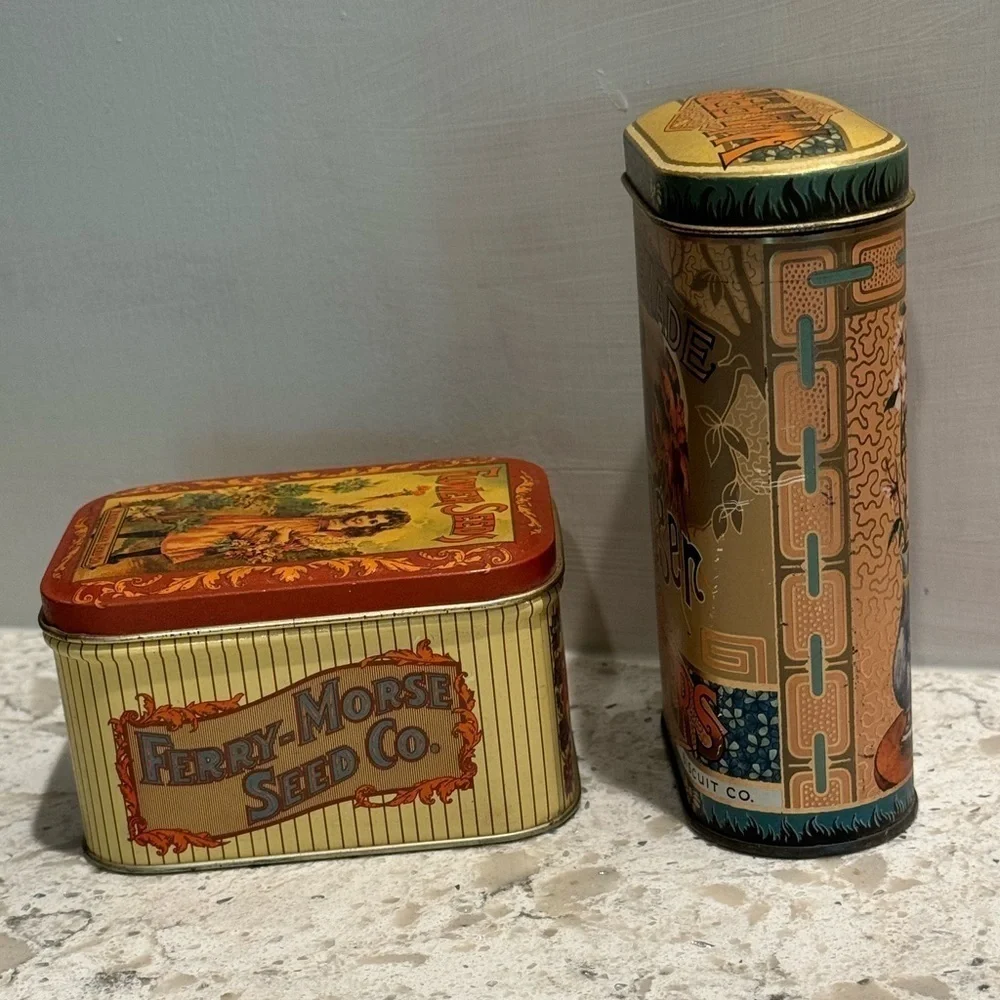 HOMEMADE GINGER & FERRY MORSE SEEDS vintage tins~homemade